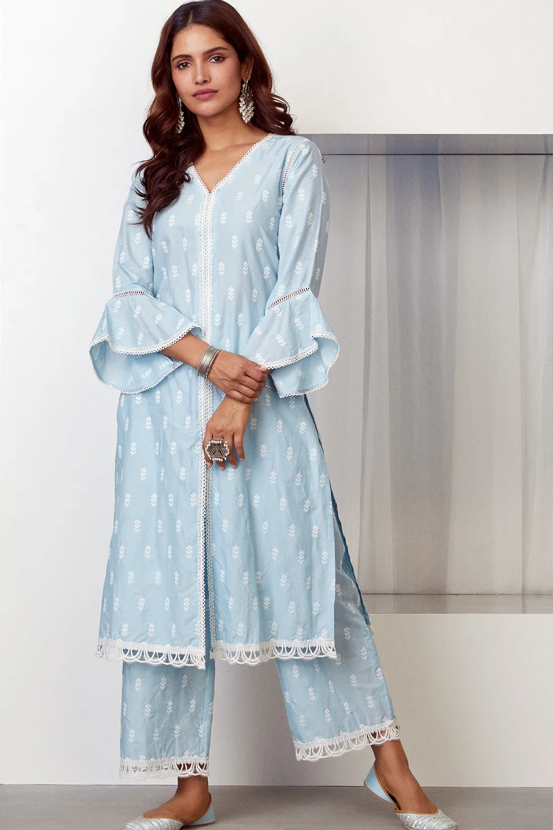 Mulmul Cotton Escapade Light Blue Kurta With Escapade Light Blue Palazzo