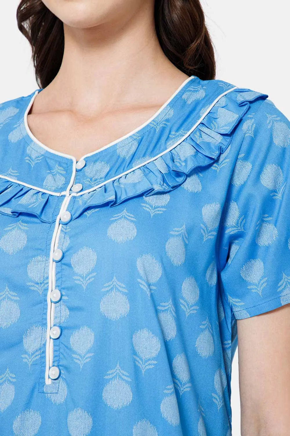 Naidu Hall Cotton Round Neck Front Yoke Ruffle, Short Sleeve Nighty - Blue - NT47