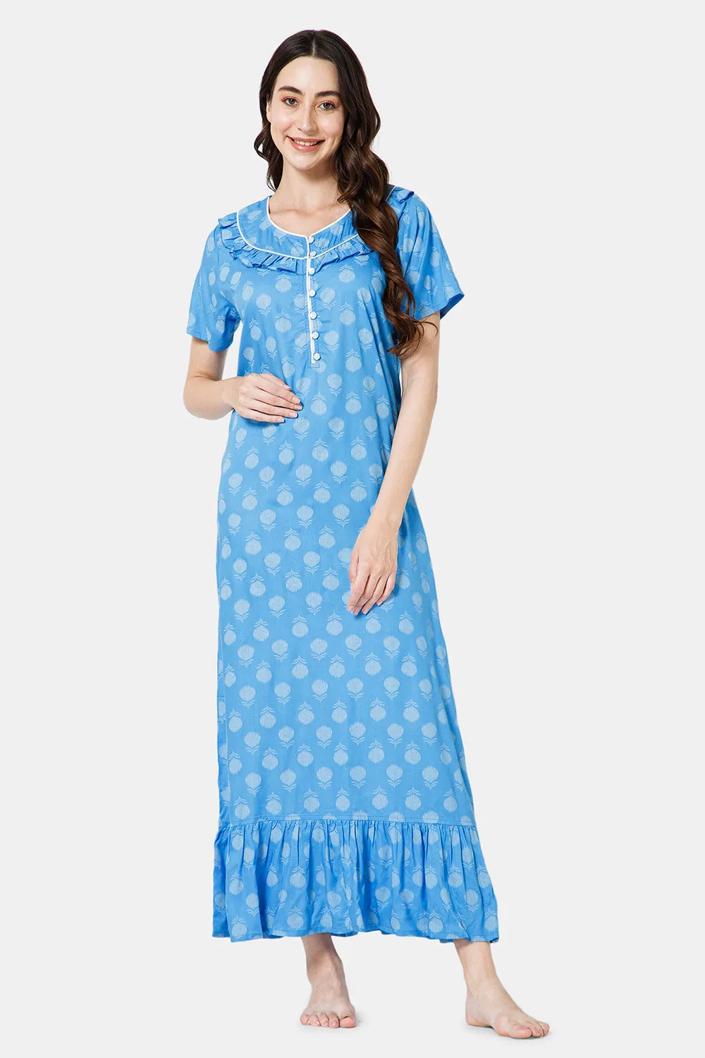 Naidu Hall Cotton Round Neck Front Yoke Ruffle, Short Sleeve Nighty - Blue - NT47