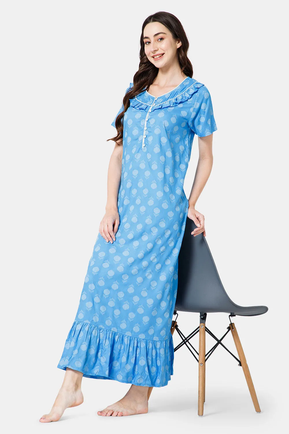 Naidu Hall Cotton Round Neck Front Yoke Ruffle, Short Sleeve Nighty - Blue - NT47