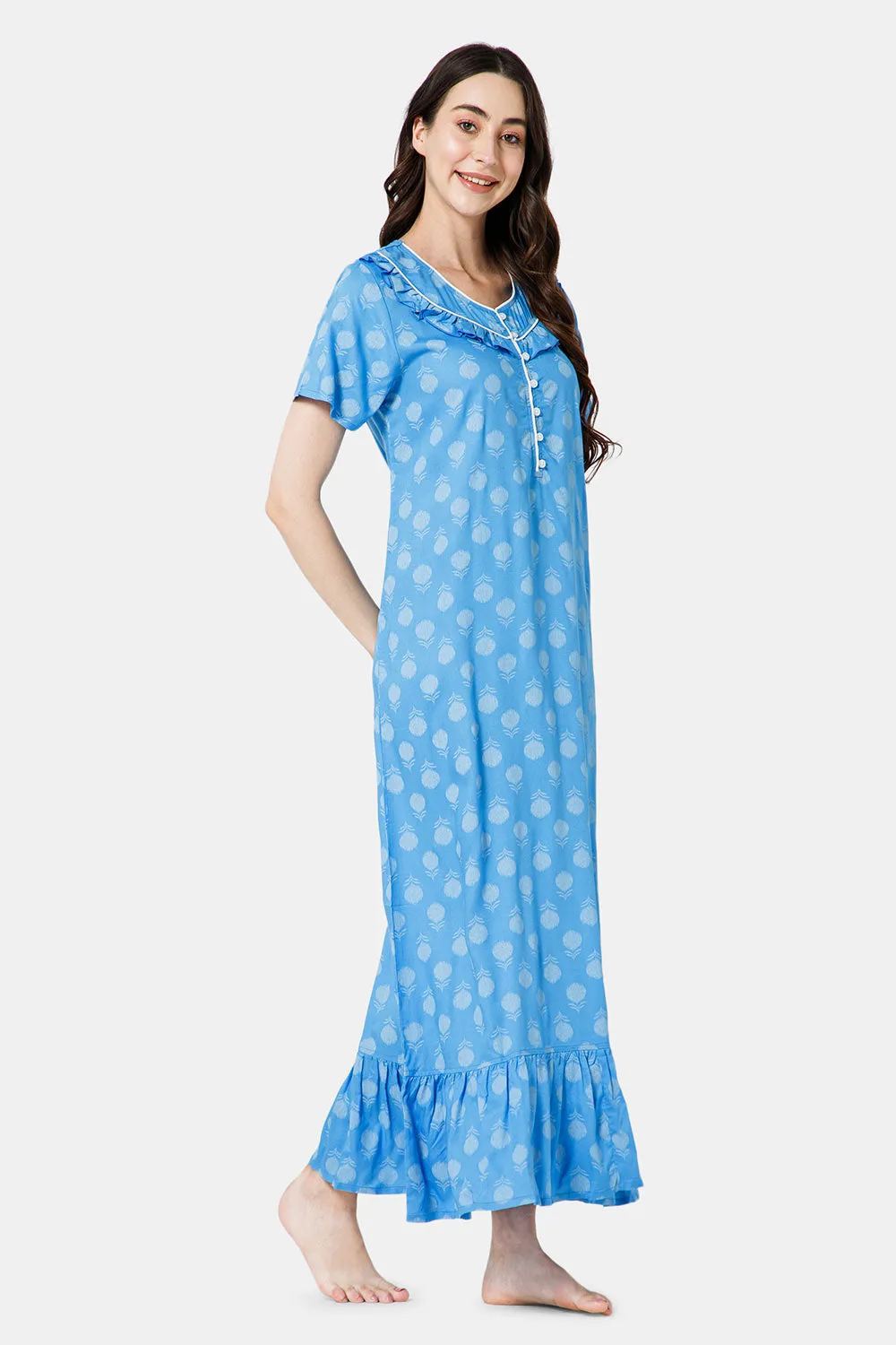 Naidu Hall Cotton Round Neck Front Yoke Ruffle, Short Sleeve Nighty - Blue - NT47