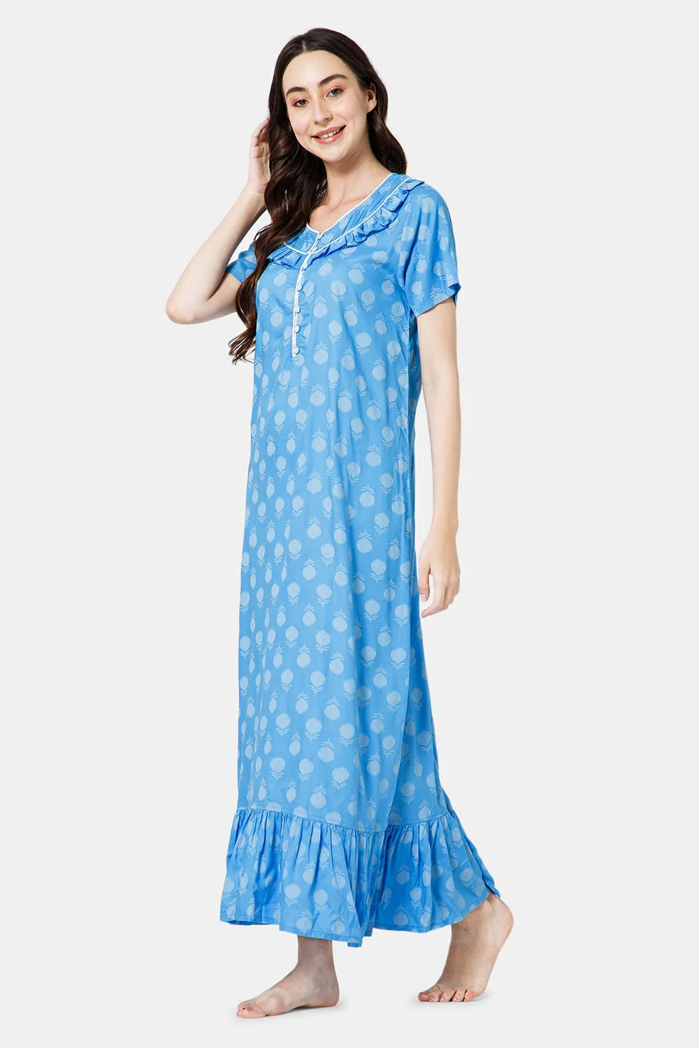 Naidu Hall Cotton Round Neck Front Yoke Ruffle, Short Sleeve Nighty - Blue - NT47