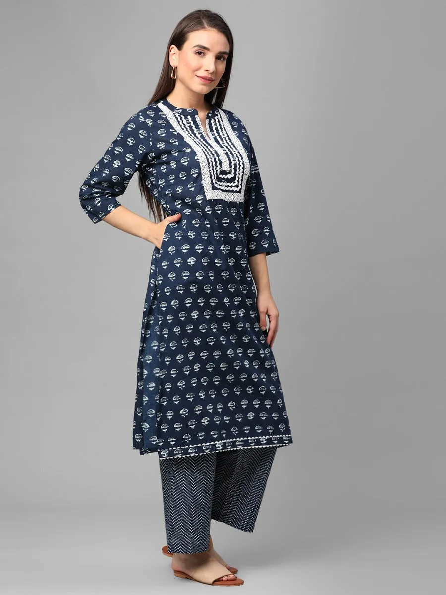 Navy Blue Floral Printed Kurta With Comfort Pant