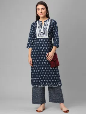 Navy Blue Floral Printed Kurta With Comfort Pant