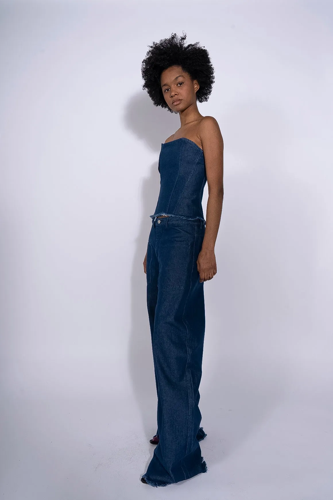 NAVY DENIM PATCH POCKET BOYFRIEND TROUSERS