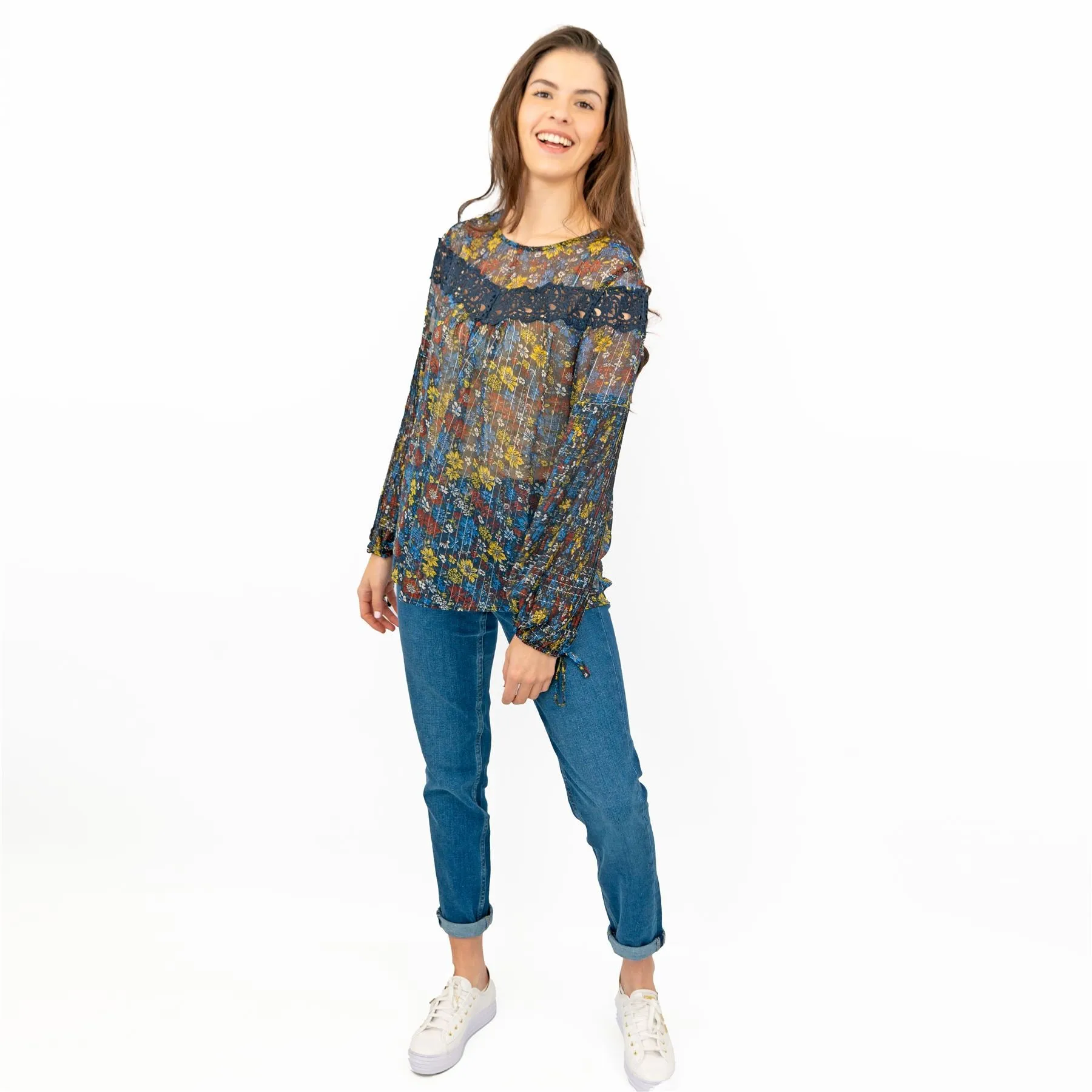 Next Blue Floral with Silver Thread Long Sleeve Lightweight Relaxed Fit Blouses