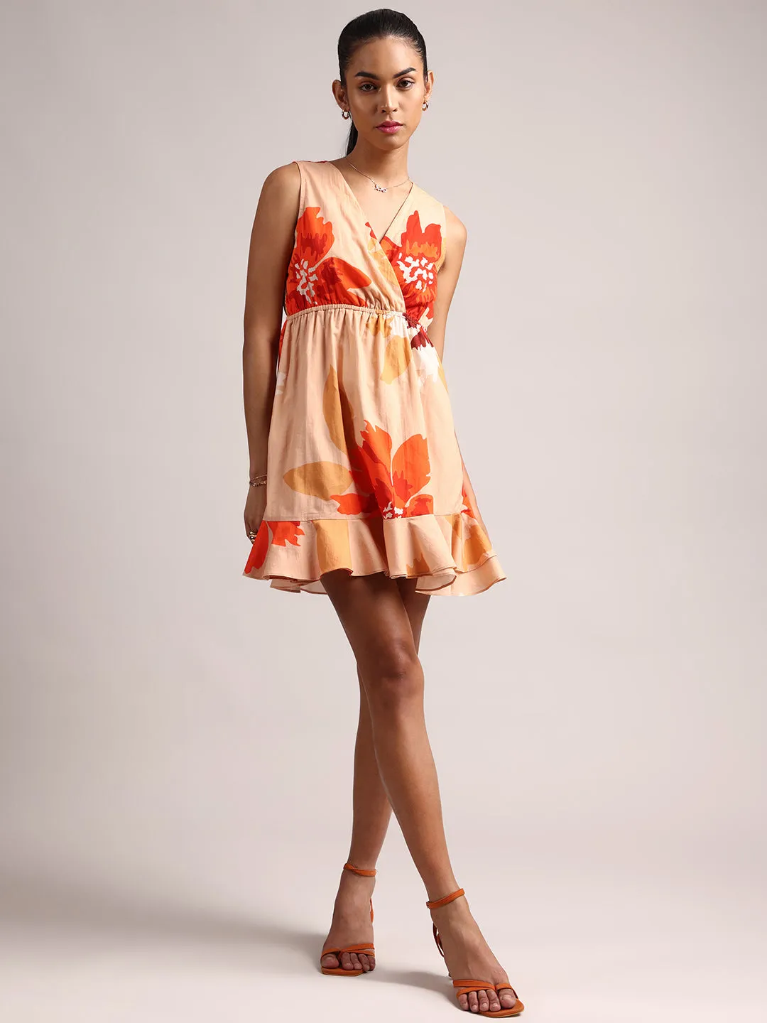 Peach Cotton Floral A-Line Dress