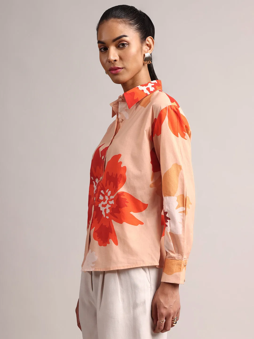 Peach Cotton Floral Shirt Top