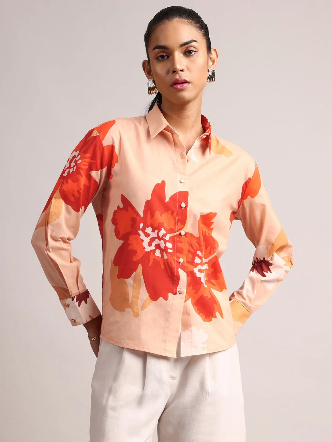 Peach Cotton Floral Shirt Top