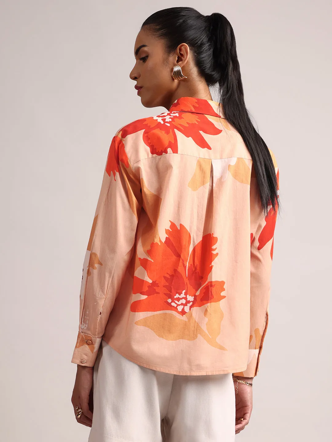 Peach Cotton Floral Shirt Top