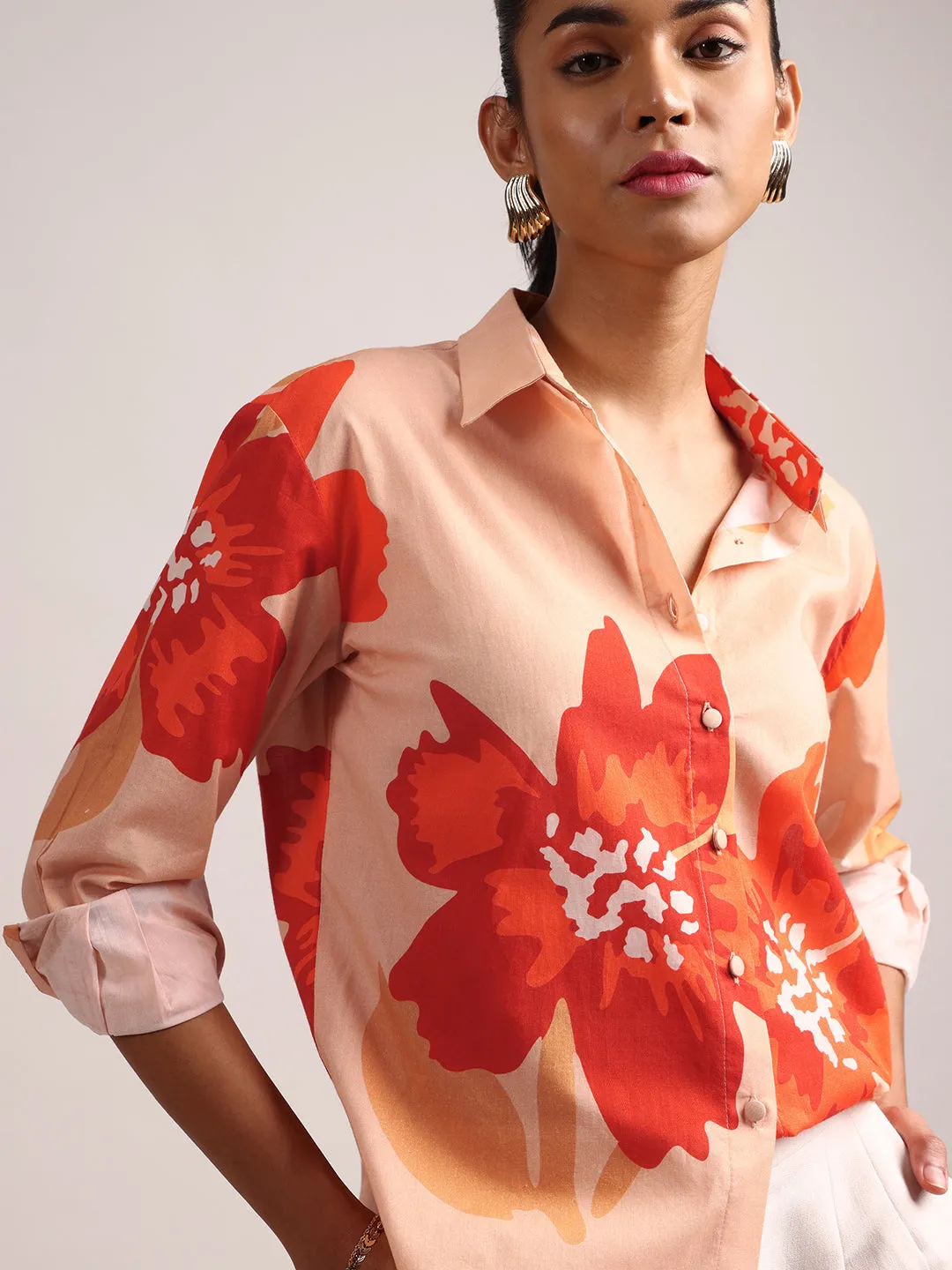 Peach Cotton Floral Shirt Top