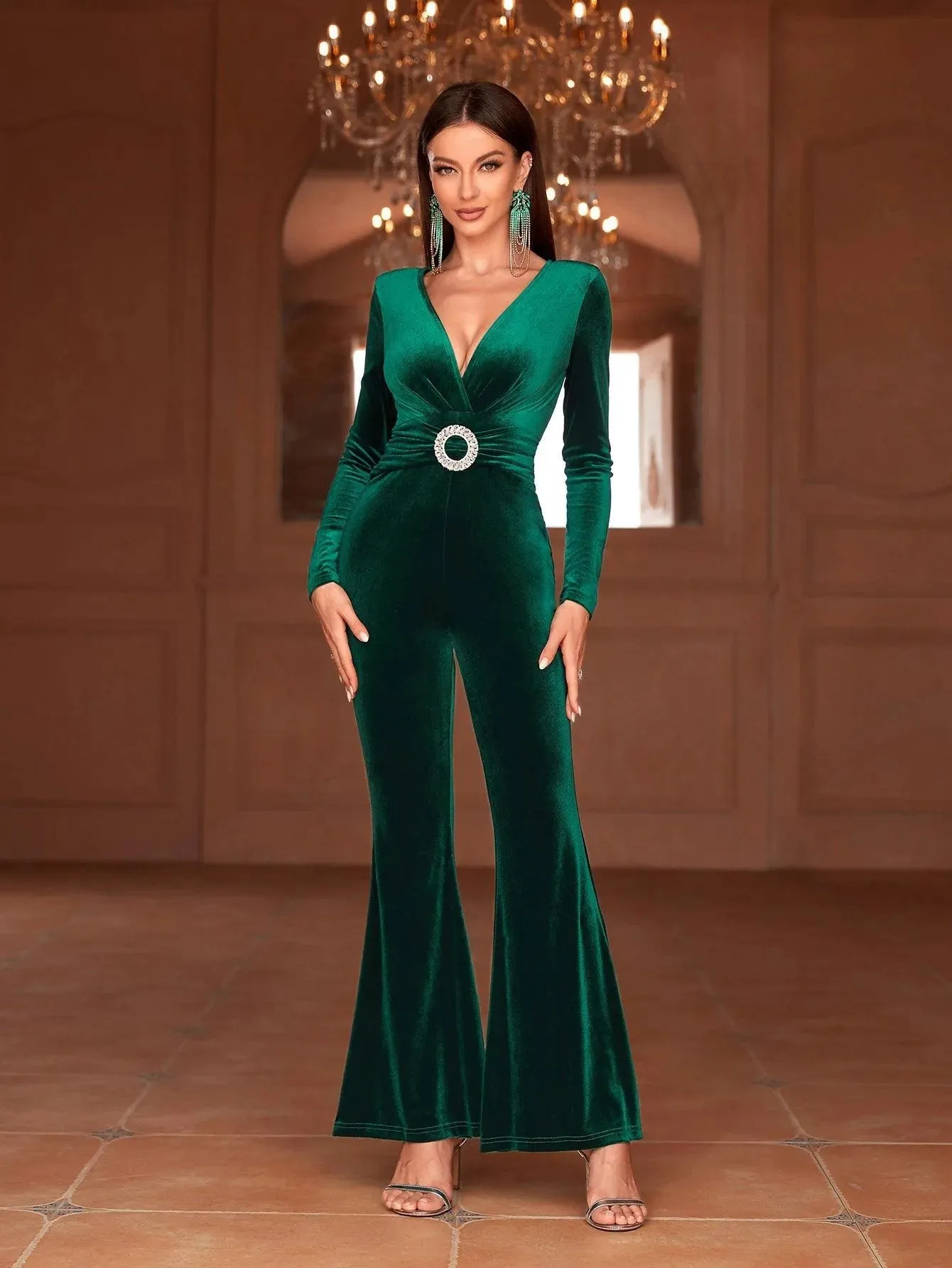 Plunging Neck Long Sleeves Waist Belt Velvet Flared Jumpsuit