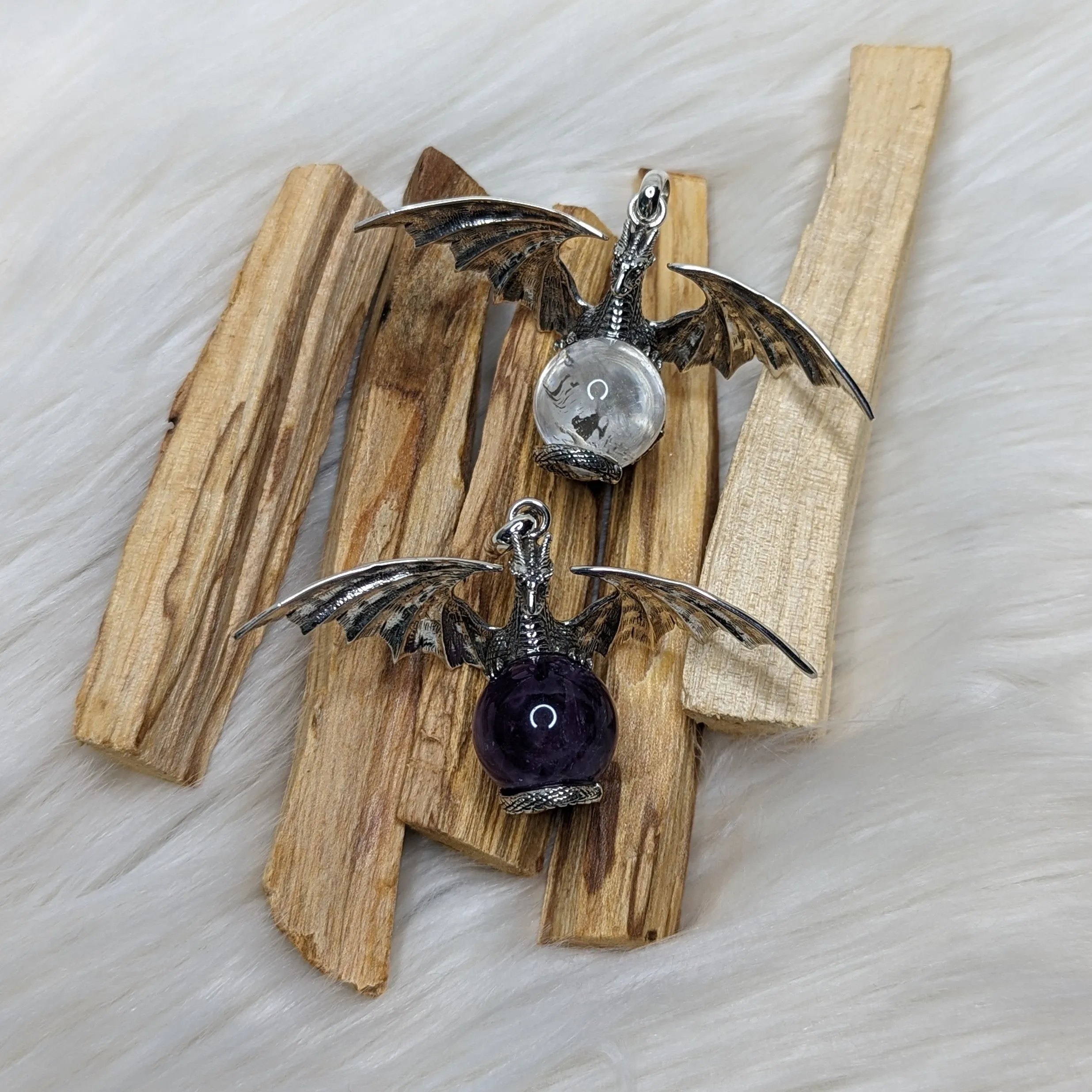 Protective Dragon with Gemstone Sphere Pendant~ Includes Silver Chain ~Amethyst or Clear Quartz ~