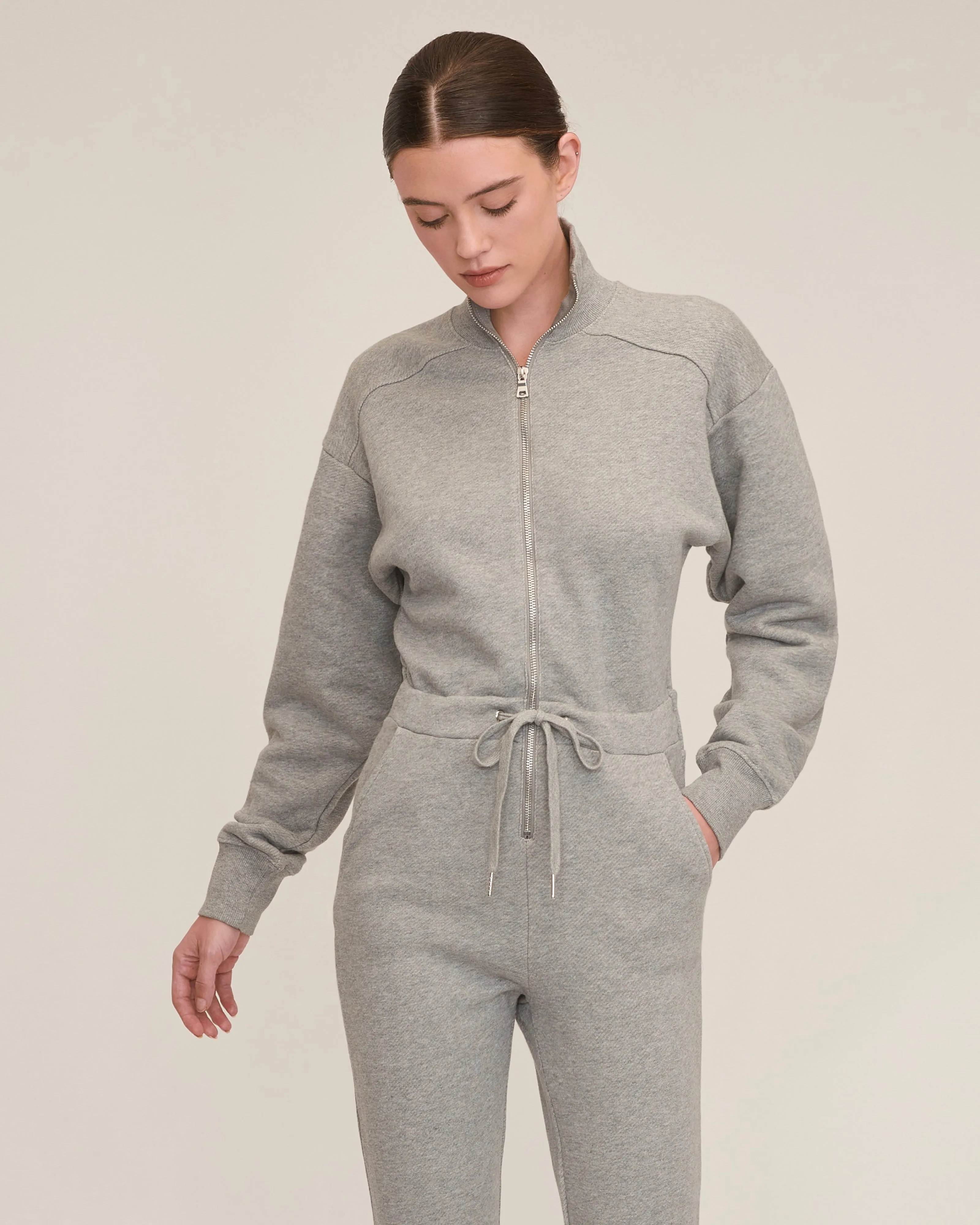 Red-Eye French Terry Zip Front Jumpsuit in Heather Grey