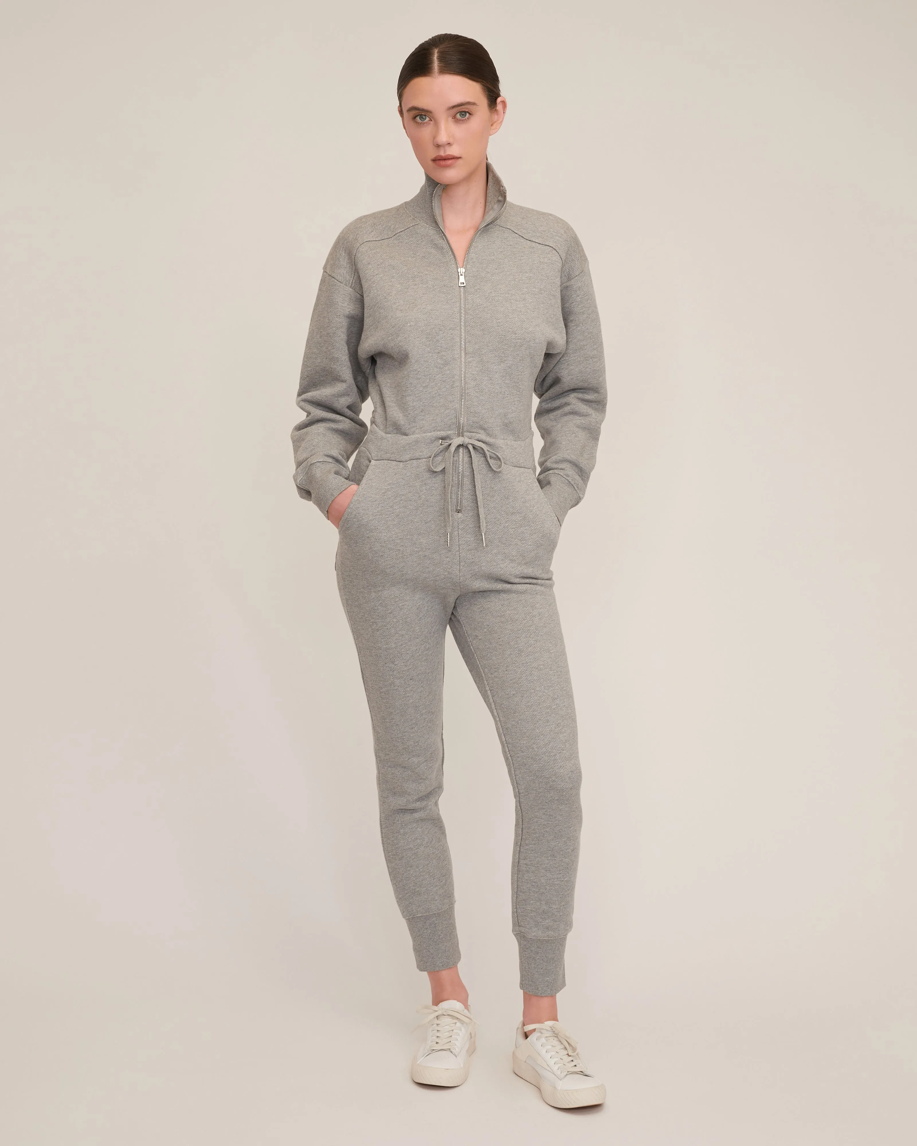 Red-Eye French Terry Zip Front Jumpsuit in Heather Grey