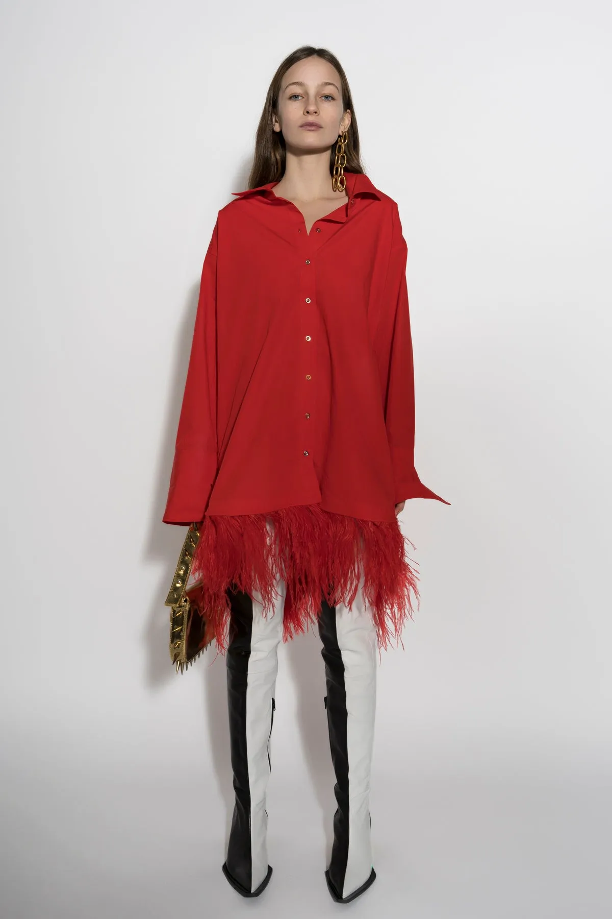 RED FEATHER HEM SHIRT DRESS