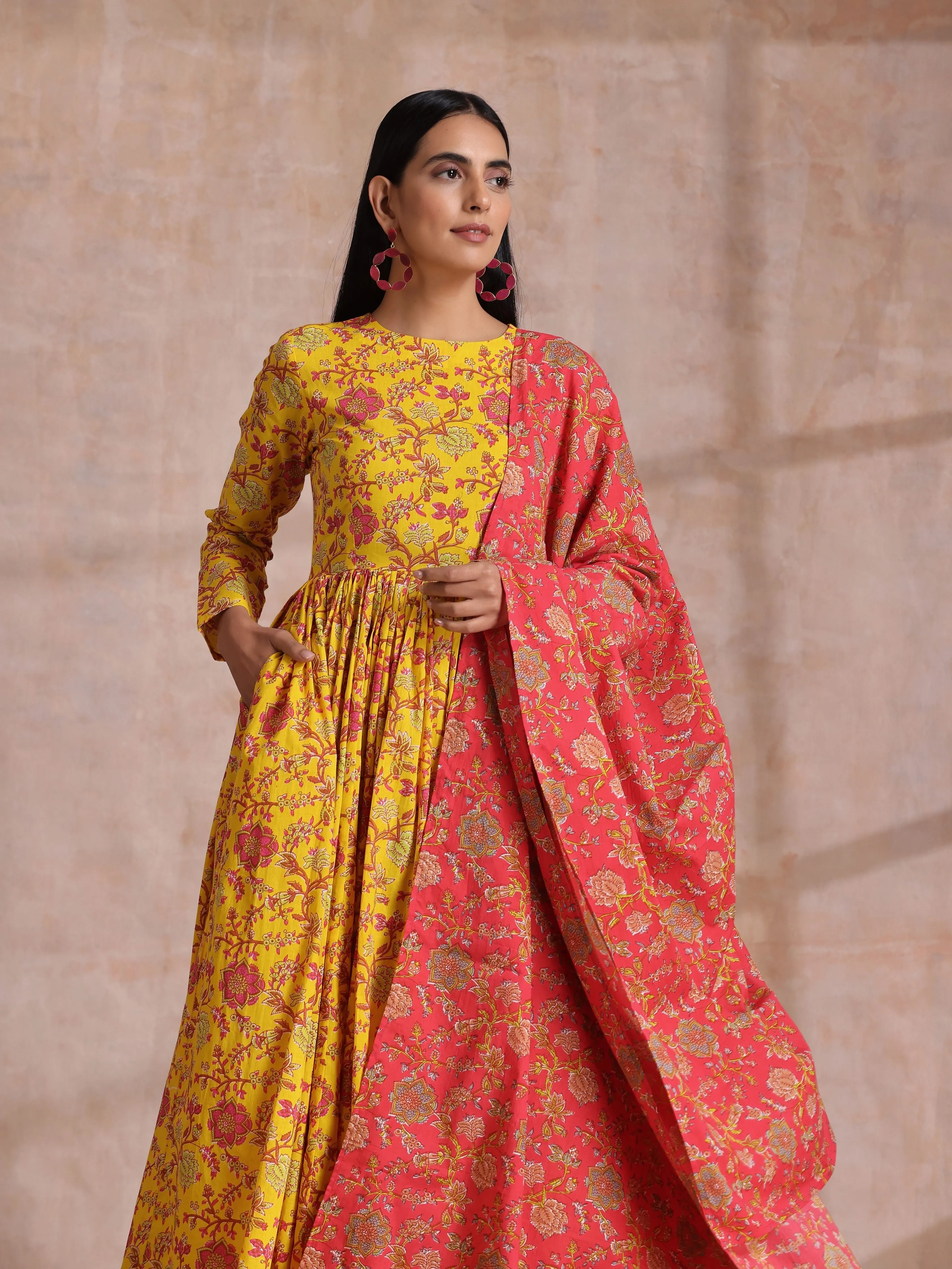 Sunshine Yellow Overall Floral Block Print Cotton Kurta Pant Dupatta Set