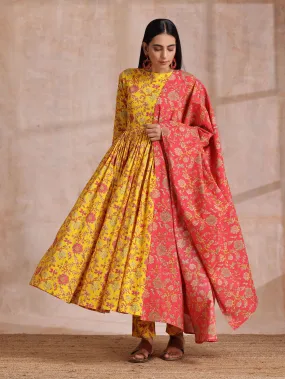 Sunshine Yellow Overall Floral Block Print Cotton Kurta Pant Dupatta Set