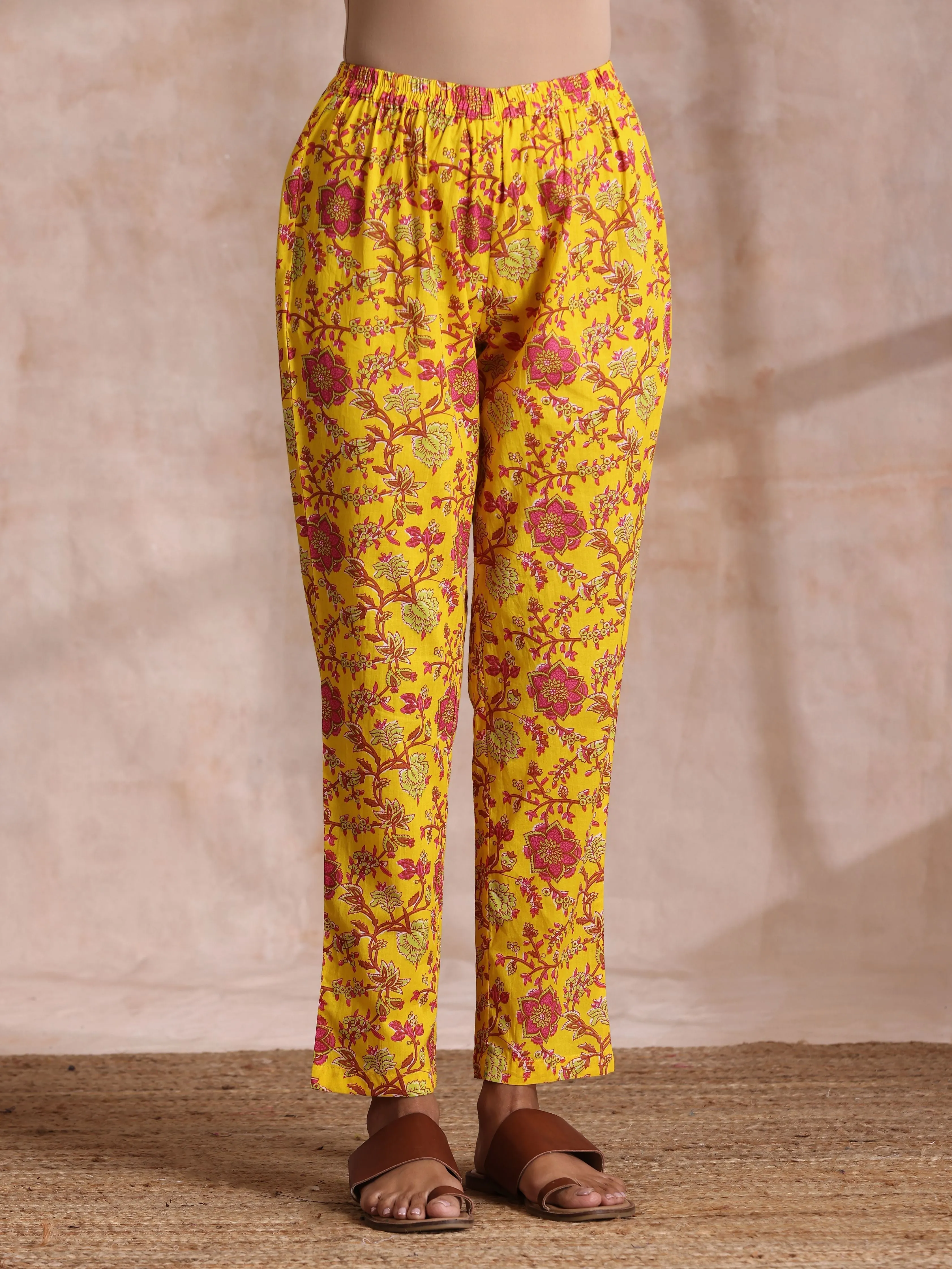 Sunshine Yellow Overall Floral Block Print Cotton Kurta Pant Dupatta Set