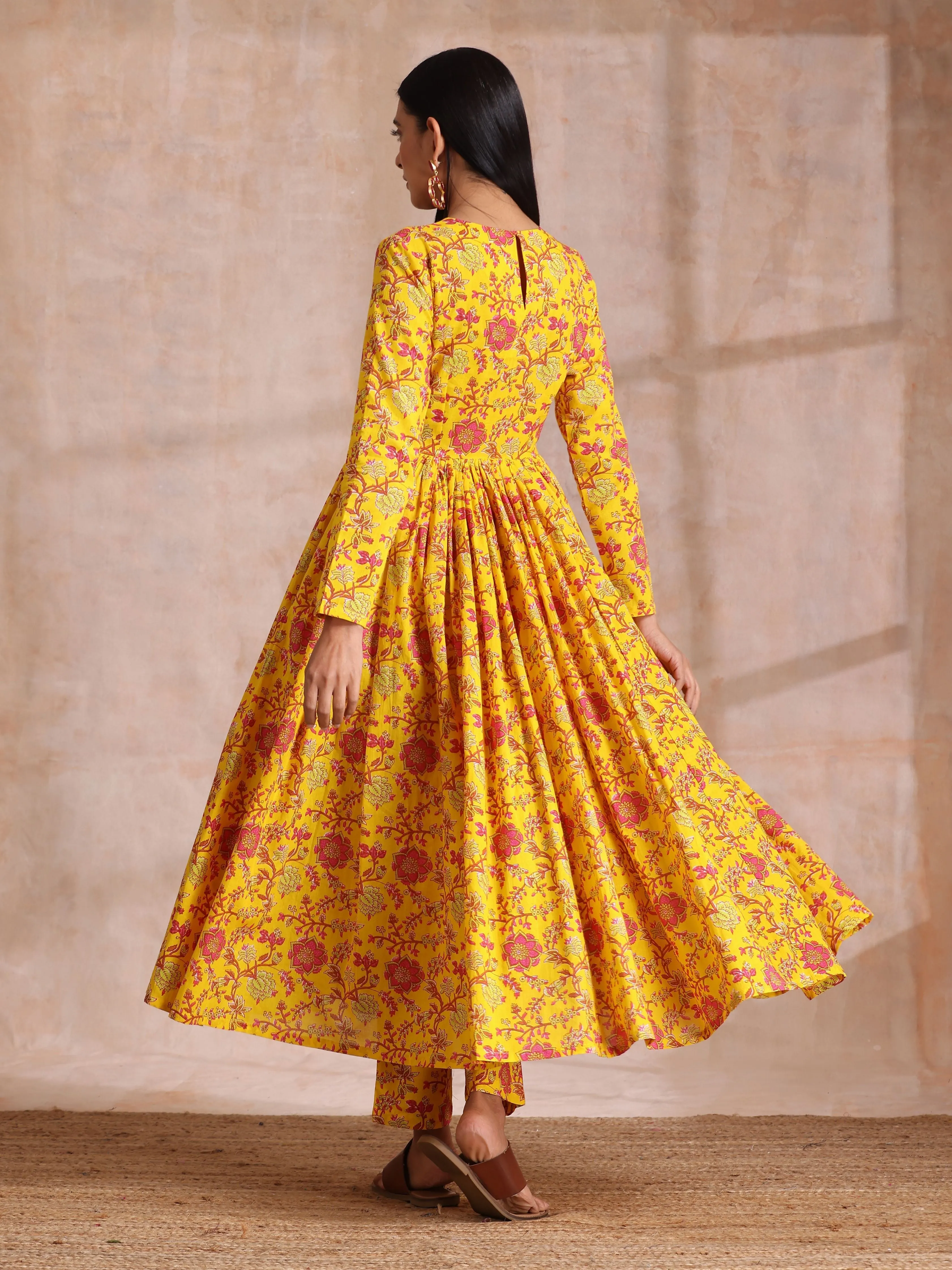 Sunshine Yellow Overall Floral Block Print Cotton Kurta Pant Dupatta Set