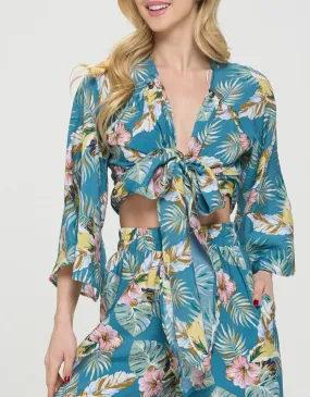 Tropical Print V neck 3/4 Sleeve Wrap Top w Tie