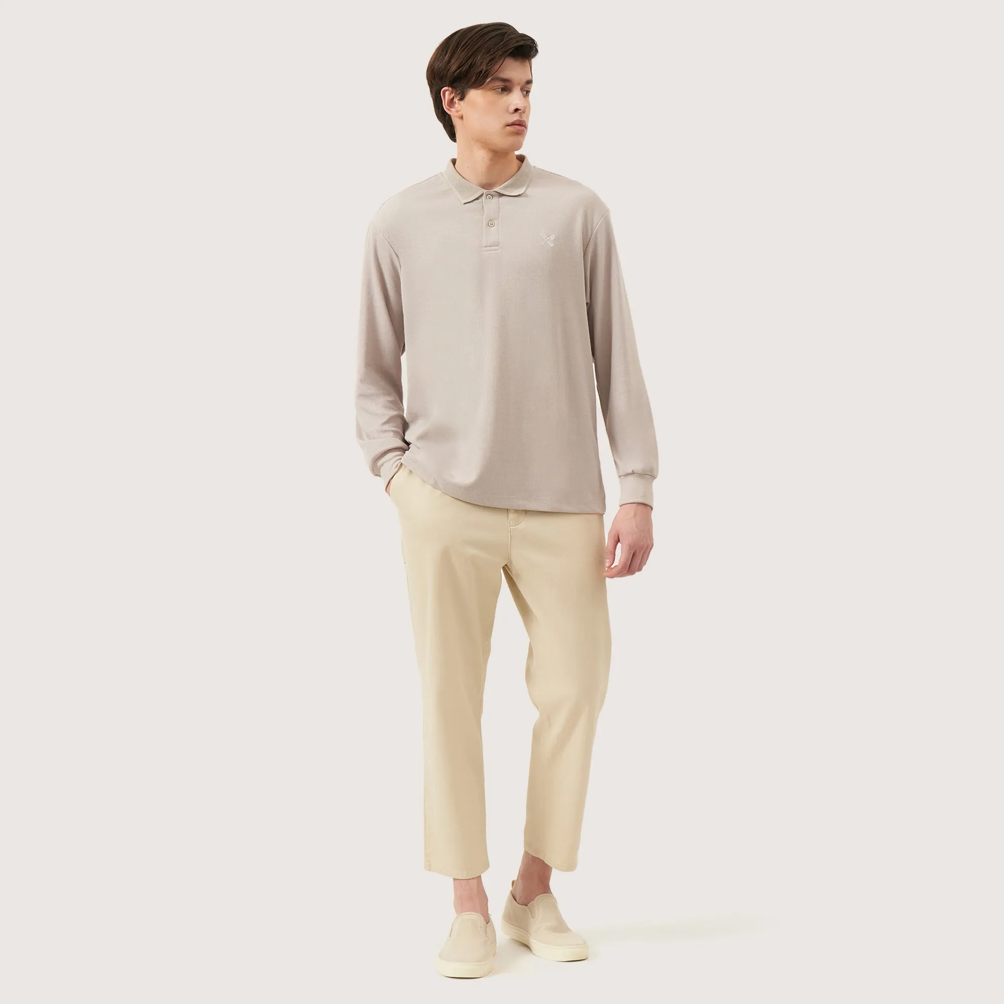 Waffle Knit Regular Fit Long Sleeves Polo With Oar Embroidery