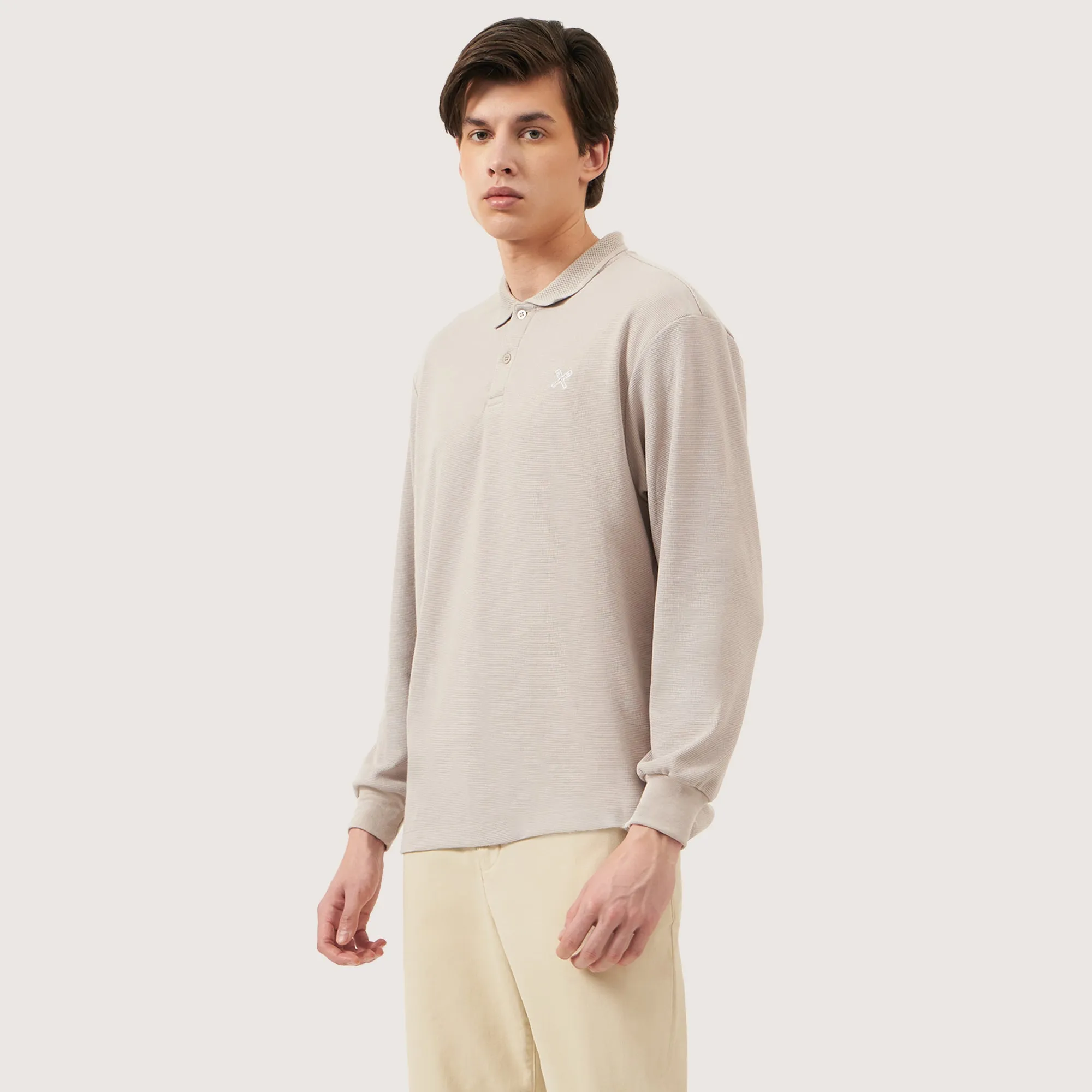 Waffle Knit Regular Fit Long Sleeves Polo With Oar Embroidery