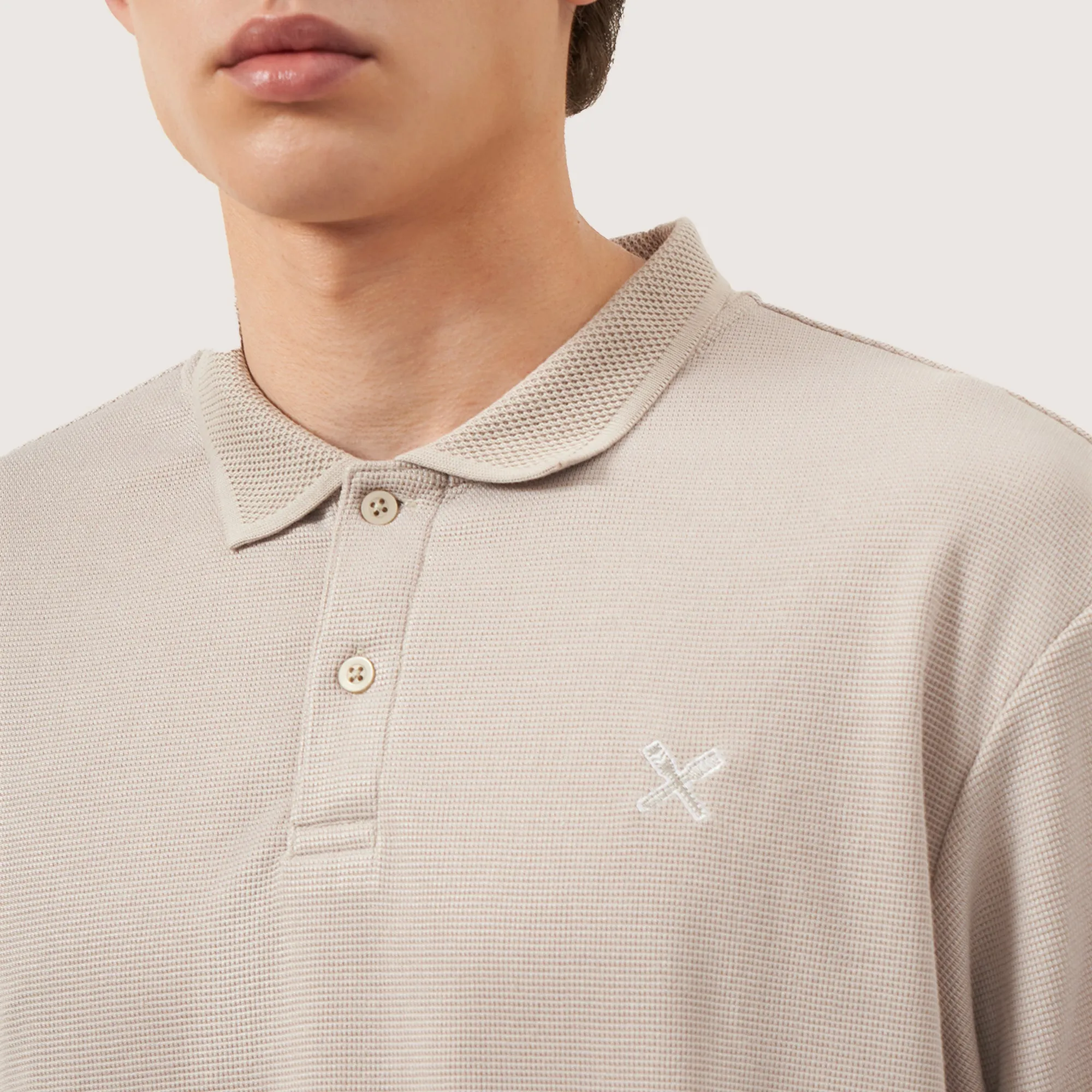 Waffle Knit Regular Fit Long Sleeves Polo With Oar Embroidery