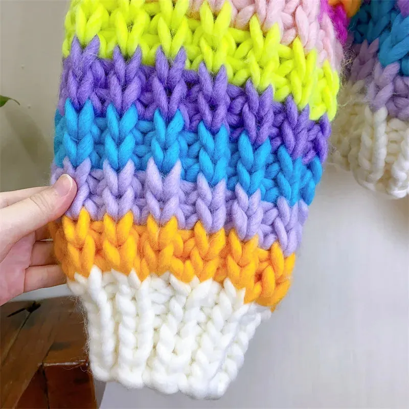 Women Handmade Rainbow Colorful Warm Chunky Knit Bulky Cardigan