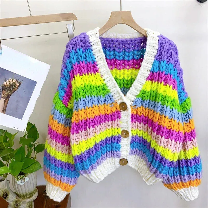 Women Handmade Rainbow Colorful Warm Chunky Knit Bulky Cardigan