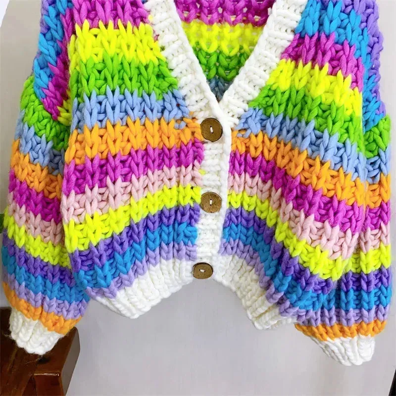 Women Handmade Rainbow Colorful Warm Chunky Knit Bulky Cardigan