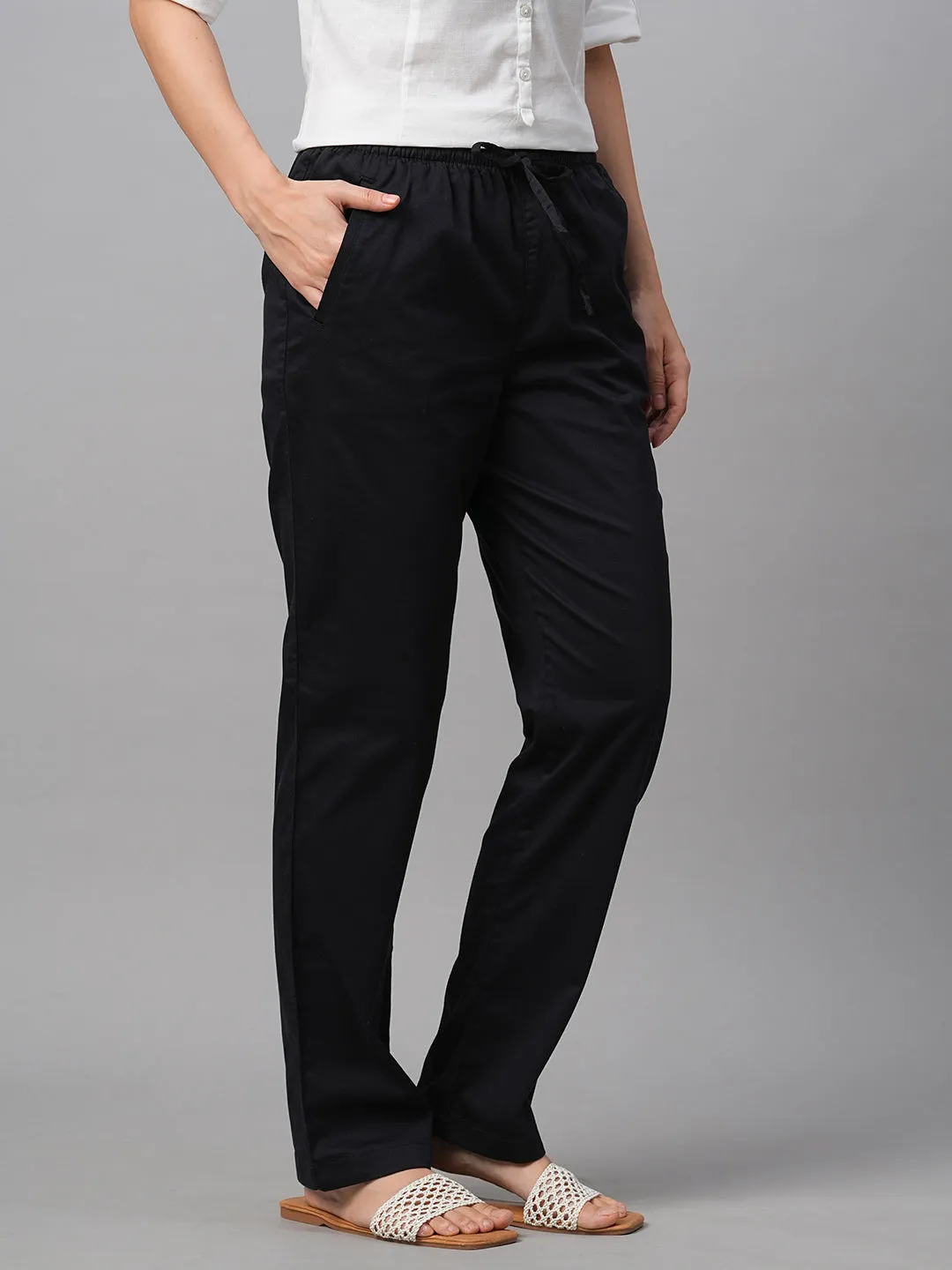 Women's Black Cotton Lycra Regular Fit Pant