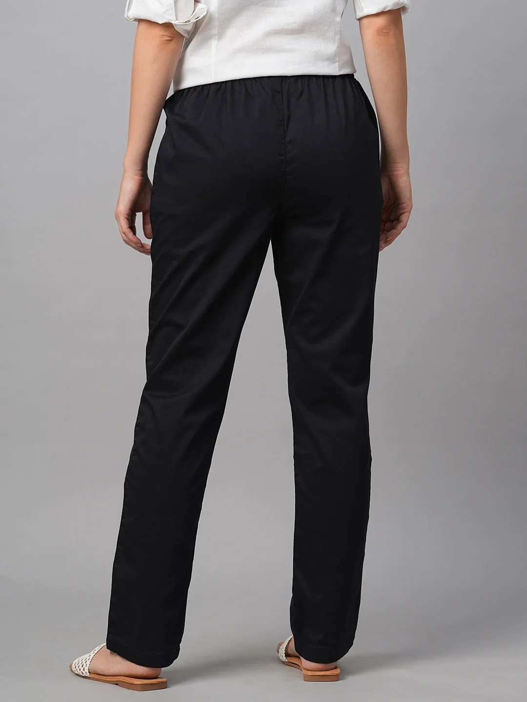 Women's Black Cotton Lycra Regular Fit Pant