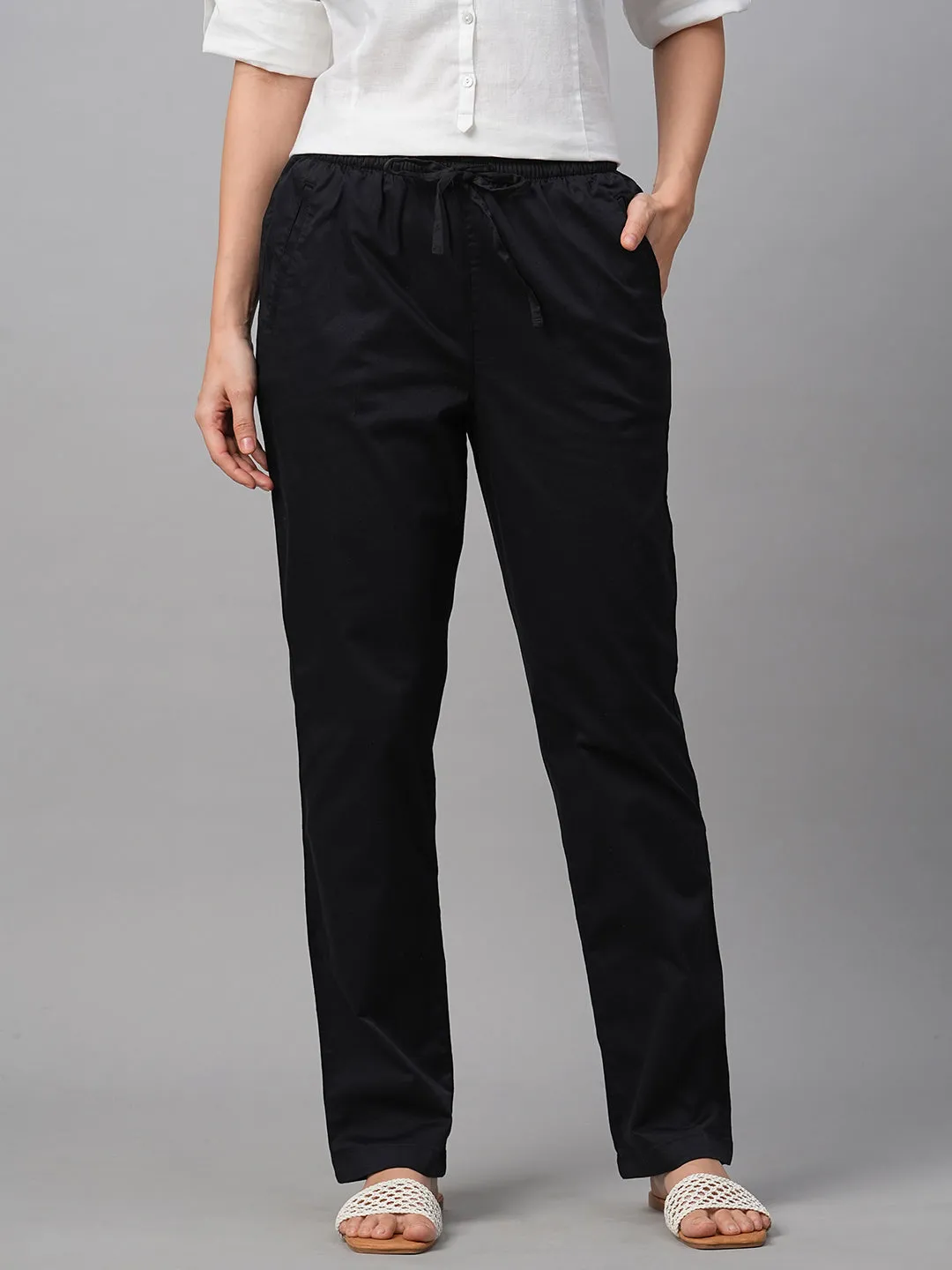 Women's Black Cotton Lycra Regular Fit Pant