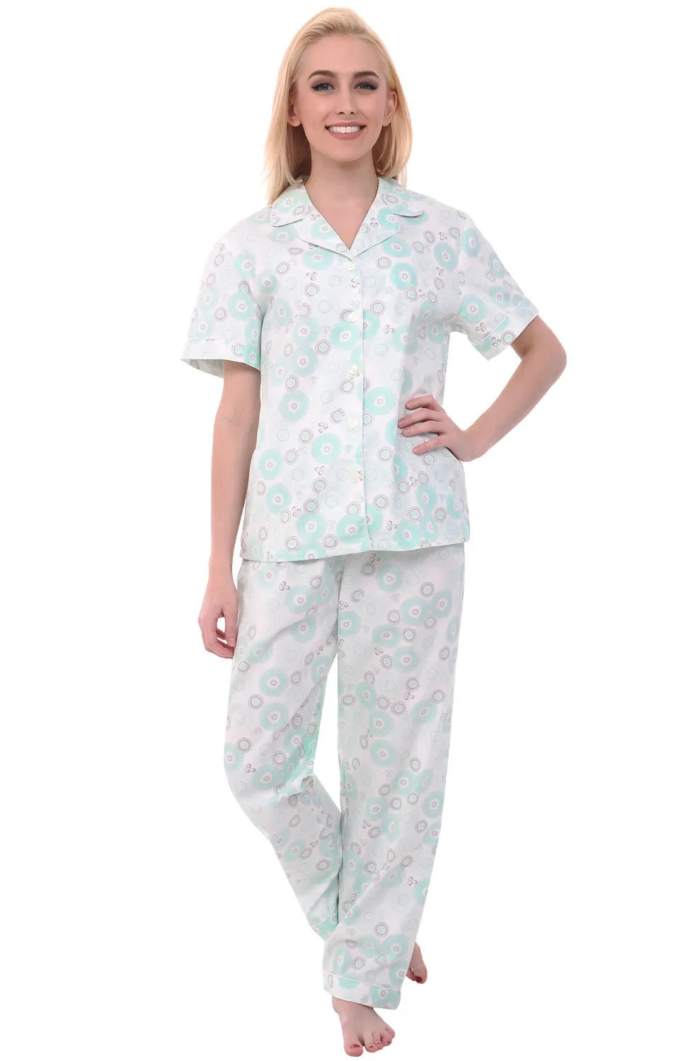 Women's Lightweight Short Sleeve Cotton Pajama Set Green Circles on Cream Medium