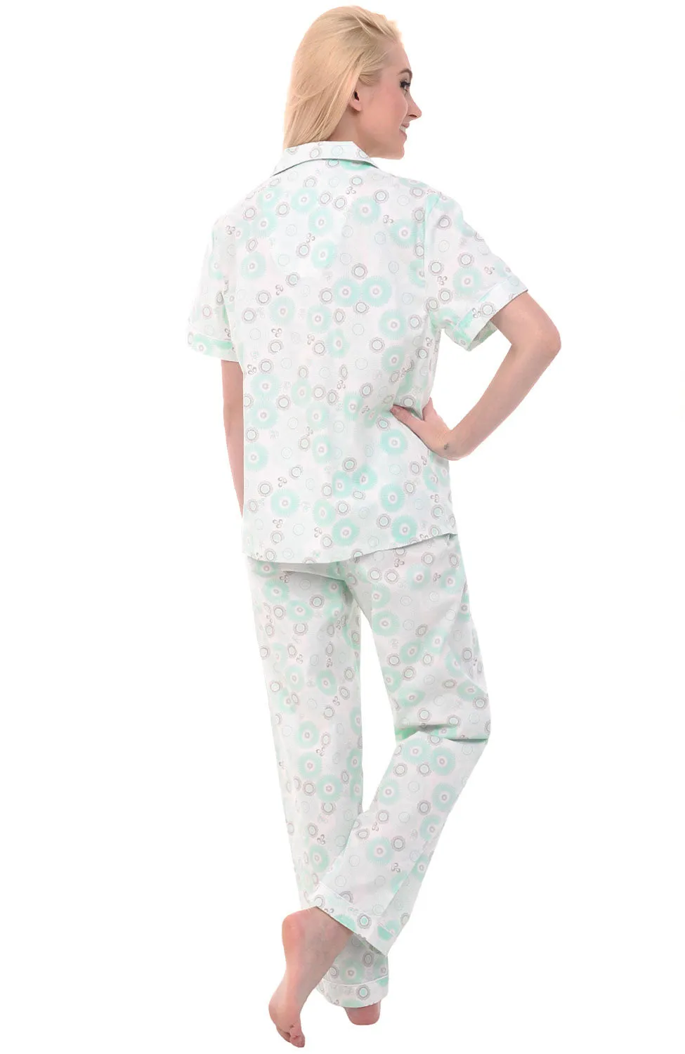 Women's Lightweight Short Sleeve Cotton Pajama Set Green Circles on Cream Medium