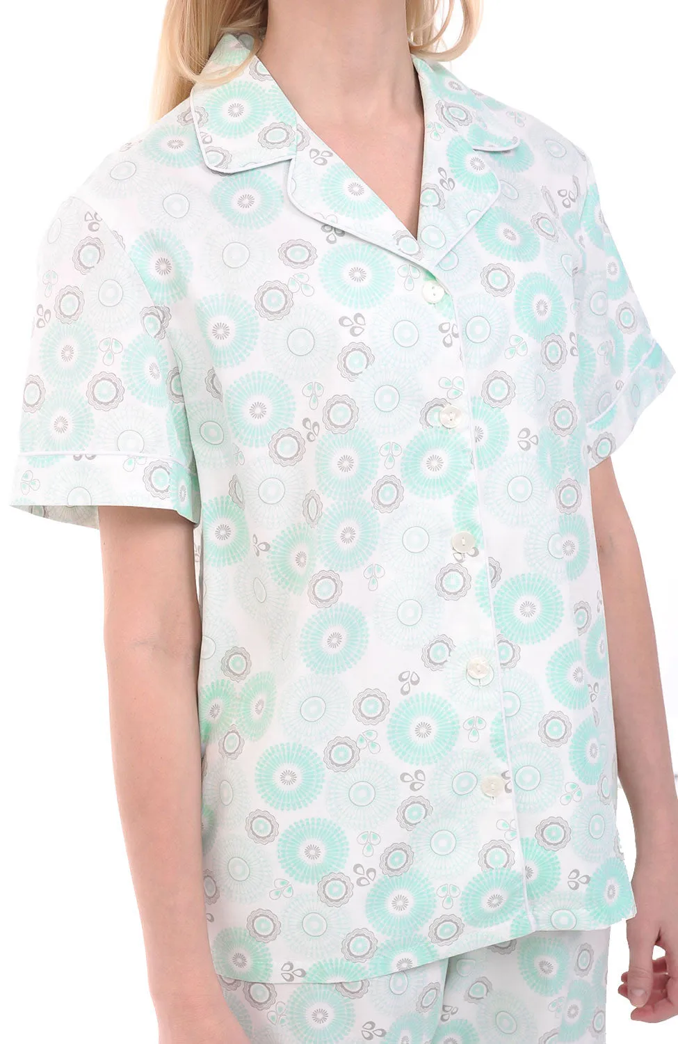 Women's Lightweight Short Sleeve Cotton Pajama Set Green Circles on Cream Medium